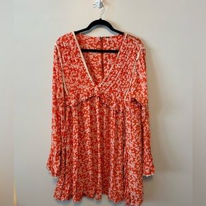 Free People Floral Orange and white dress with ruffle sleeve